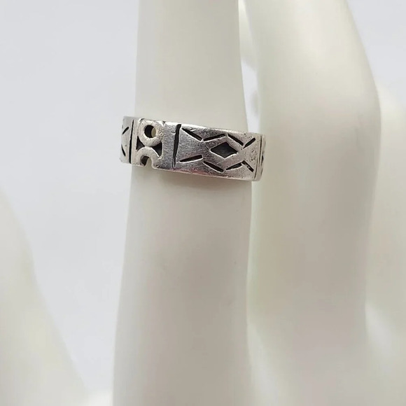 925 Sterling Silver Etched Geometric Patterns Band Ring Size 6.5 Vintage - Picture 2 of 6